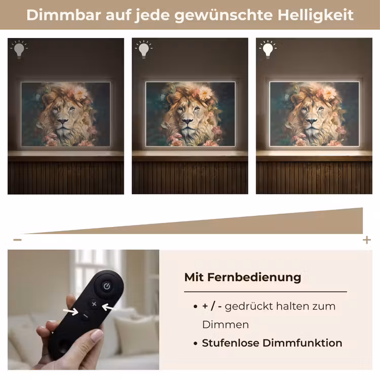 Leeuw - Leeuwenkop - Wilde dieren - Bloemen Light Box met batterij (Wandlamp) middel -USP_dimbaarDE