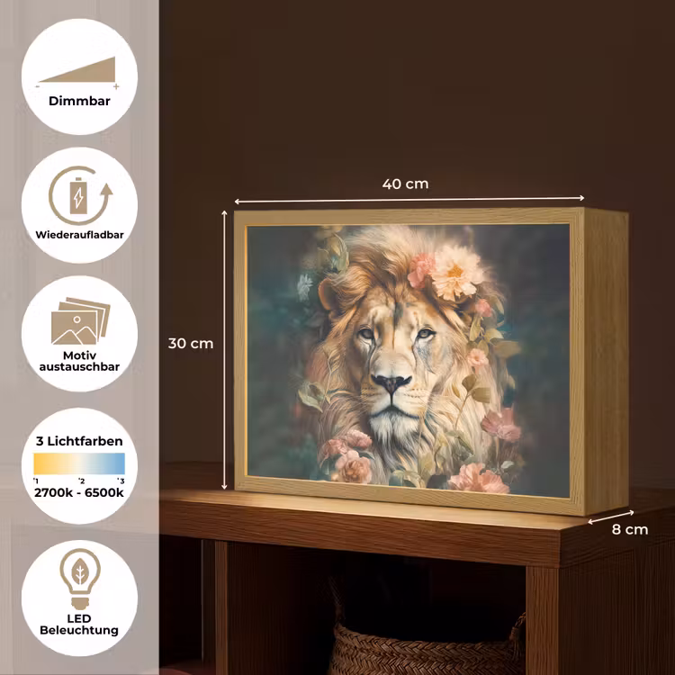 Leeuw - Leeuwenkop - Wilde dieren - Bloemen Light Box met batterij (Wandlamp) middel -USP_websiteoverzichtDE