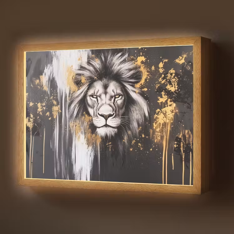 Leeuw - Portret - Verfspatten - Grijs Light Box met batterij (Wandlamp) middel -z3d_website