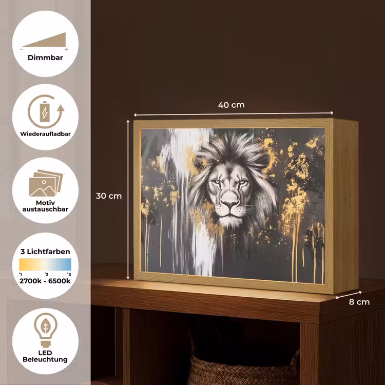 Leeuw - Portret - Verfspatten - Grijs Light Box met batterij (Wandlamp) middel -USP_websiteoverzichtDE