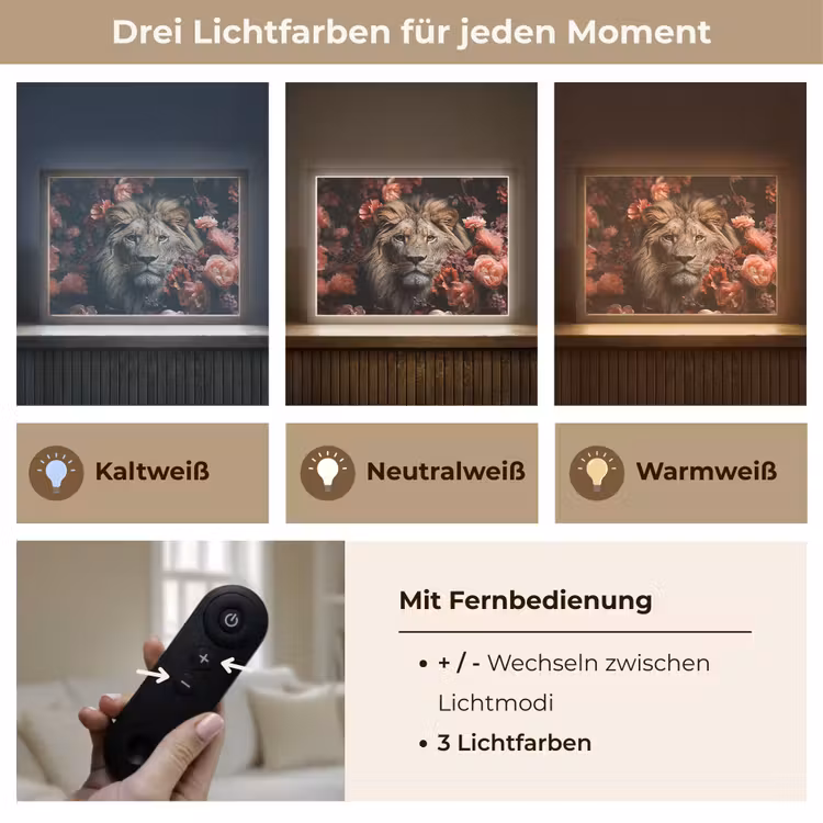 Leeuw - Dier - Natuur - Botanisch - Bloemen - Roze Light Box met batterij (Wandlamp) middel -USP_lichtkleurDE