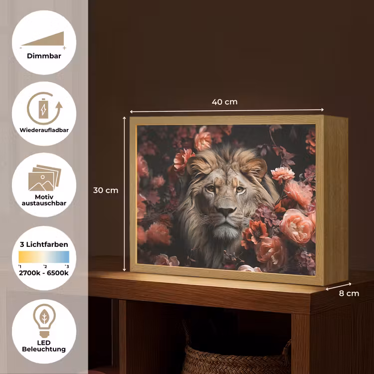 Leeuw - Dier - Natuur - Botanisch - Bloemen - Roze Light Box met batterij (Wandlamp) middel -USP_websiteoverzichtDE