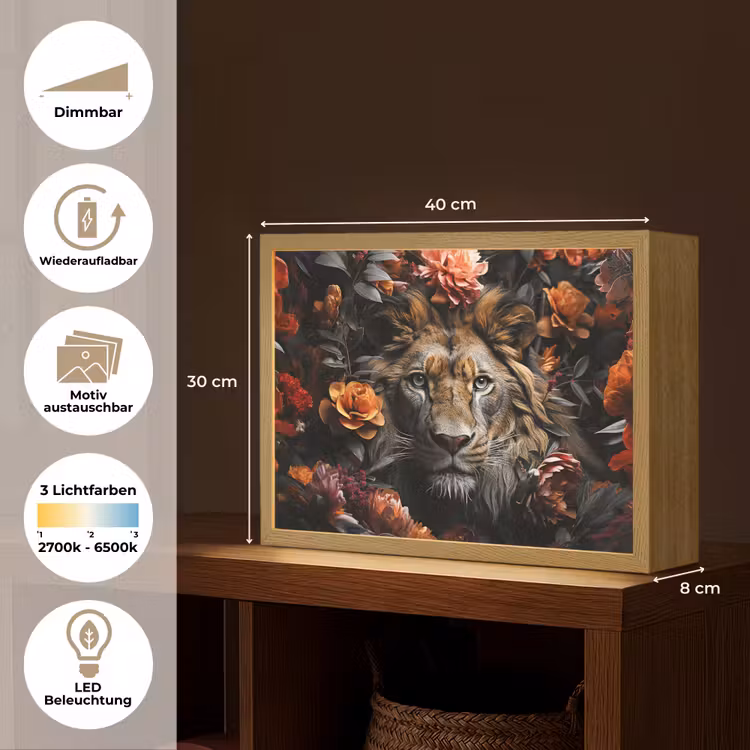 Leeuw - Dier - Natuur - Bloemen - Botanisch Light Box met batterij (Wandlamp) middel -USP_websiteoverzichtDE