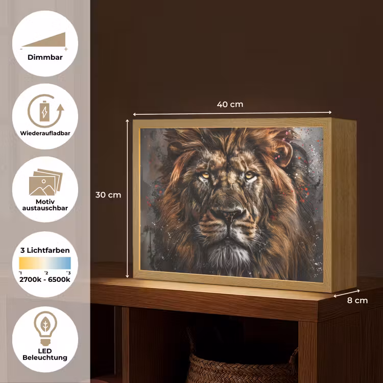 Leeuw - Dieren - Portret - Zwart - Luxe Light Box met batterij (Wandlamp) middel -USP_websiteoverzichtDE