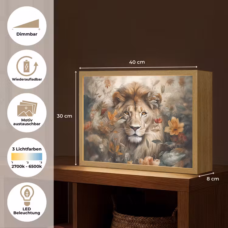 Leeuw - Wilde dieren - Planten - Natuur - Bloemen Light Box met batterij (Wandlamp) middel -USP_websiteoverzichtDE