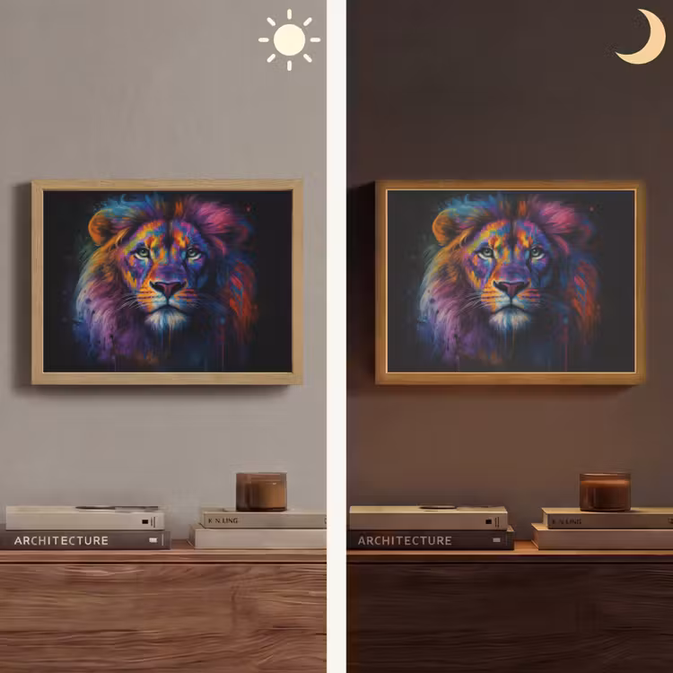 Leeuwenkop - Felgekleurd - Abstract Light Box met batterij (Wandlamp) middel -sfeer3