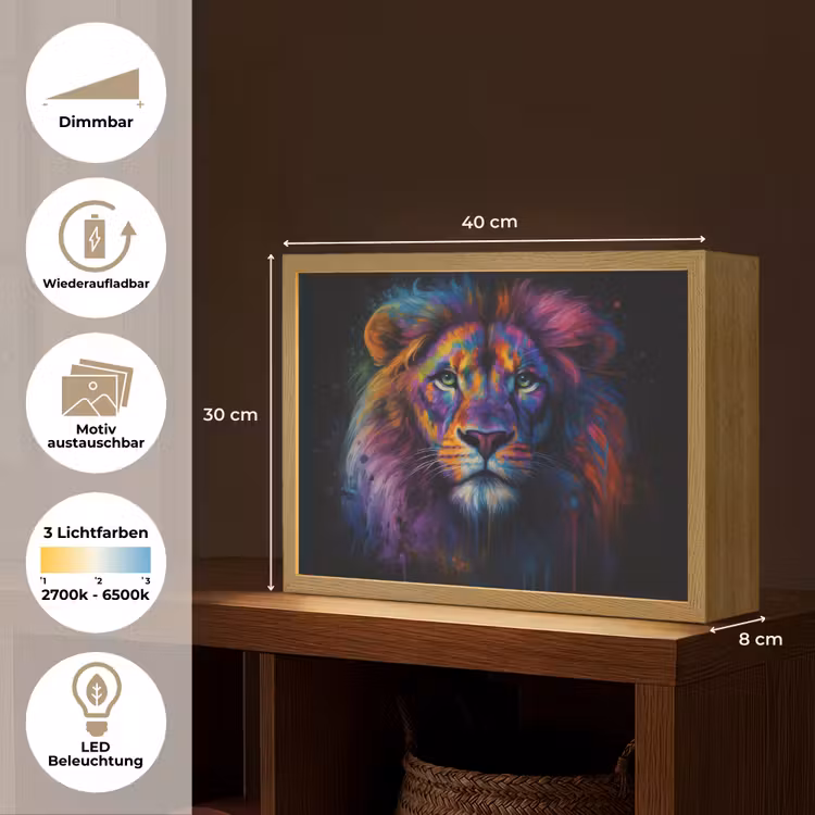 Leeuwenkop - Felgekleurd - Abstract Light Box met batterij (Wandlamp) middel -USP_websiteoverzichtDE