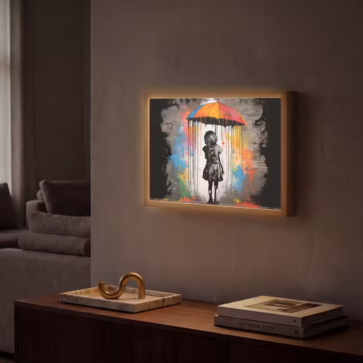 Meisje - Kunst - Paraplu - Graffiti - Kleuren - Muur Light Box met batterij (Wandlamp) middel -sfeer1