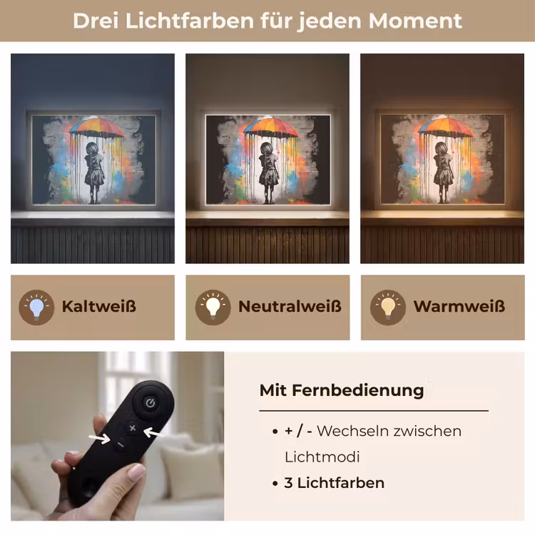Meisje - Kunst - Paraplu - Graffiti - Kleuren - Muur Light Box met batterij (Wandlamp) middel -USP_lichtkleurDE