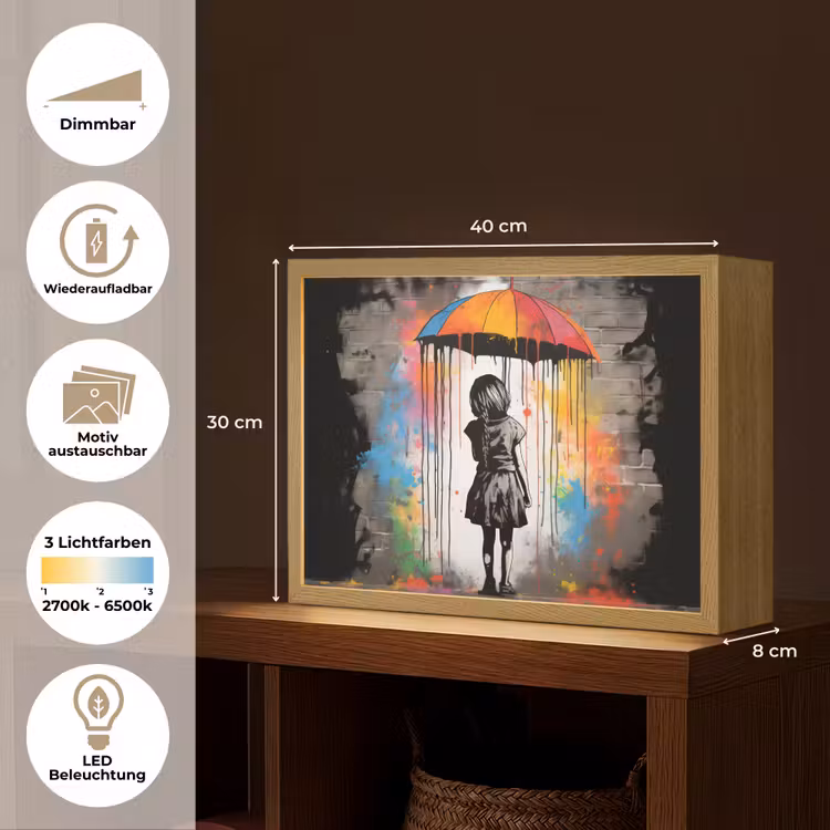 Meisje - Kunst - Paraplu - Graffiti - Kleuren - Muur Light Box met batterij (Wandlamp) middel -USP_websiteoverzichtDE