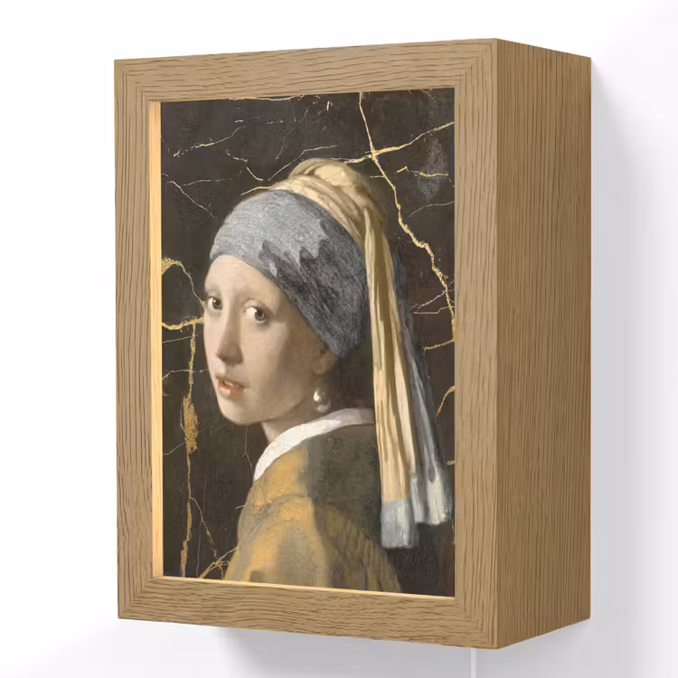 Meisje met de parel - Johannes Vermeer - Goud Light Box met kabel (Wandlamp) klein -3d