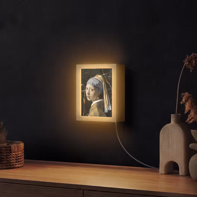 Meisje met de parel - Johannes Vermeer - Goud Light Box met kabel (Wandlamp) klein -sfeer1