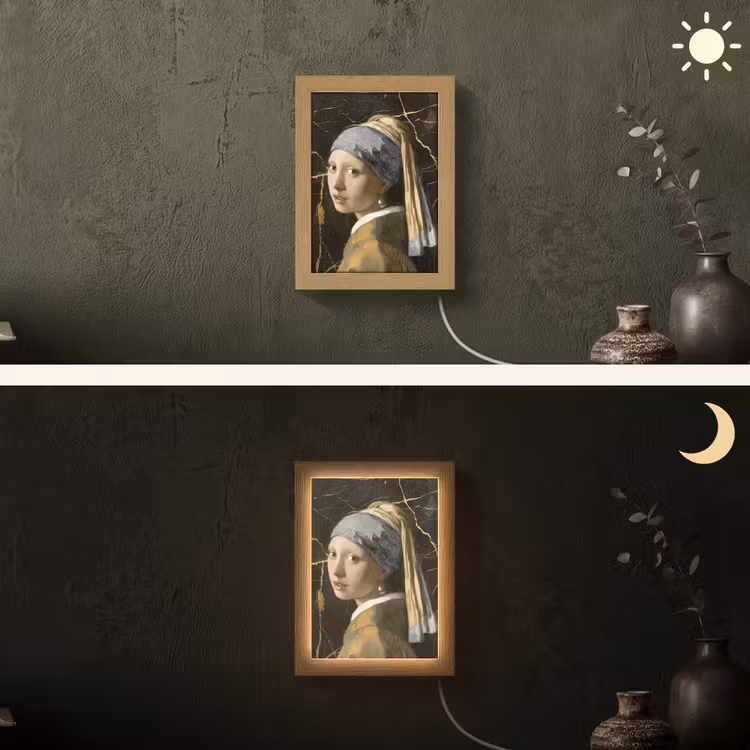 Meisje met de parel - Johannes Vermeer - Goud Light Box met kabel (Wandlamp) klein -sfeer3