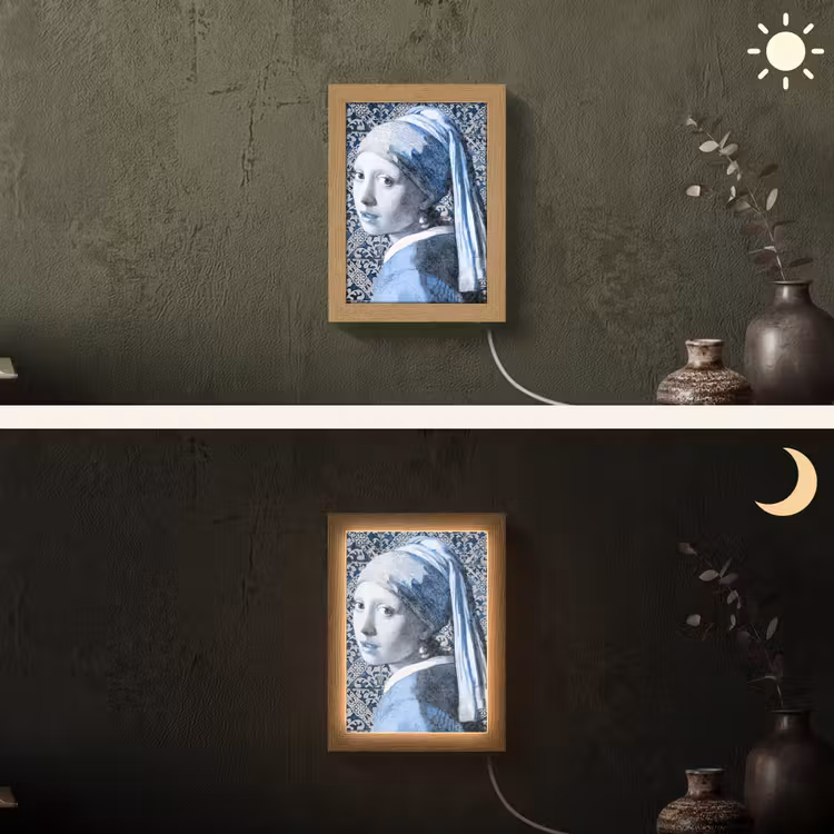 Meisje met de parel - Johannes Vermeer - Delfts blauw Light Box met kabel (Wandlamp) klein -sfeer3