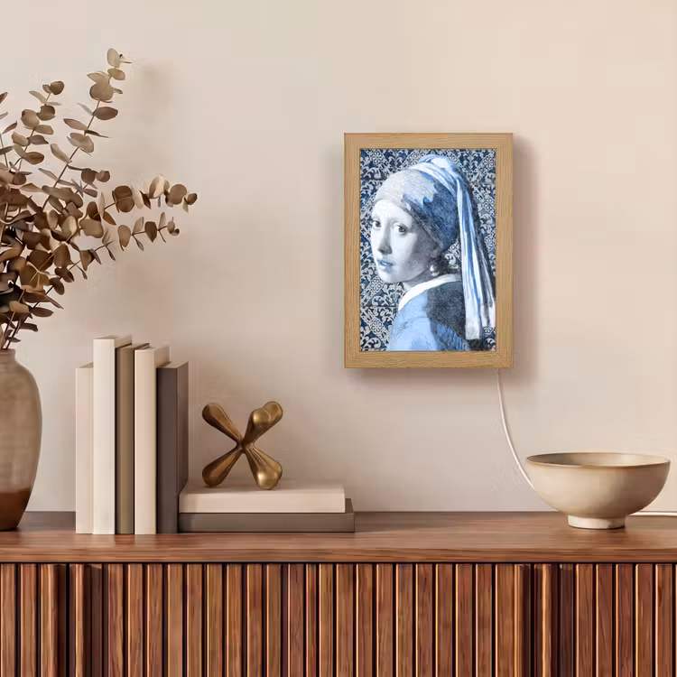Meisje met de parel - Johannes Vermeer - Delfts blauw Light Box met kabel (Wandlamp) klein -sfeer2