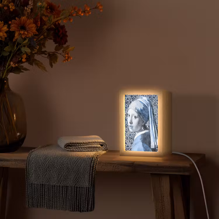 Meisje met de parel - Johannes Vermeer - Delfts blauw Light Box met kabel (Wandlamp) klein -sfeer4