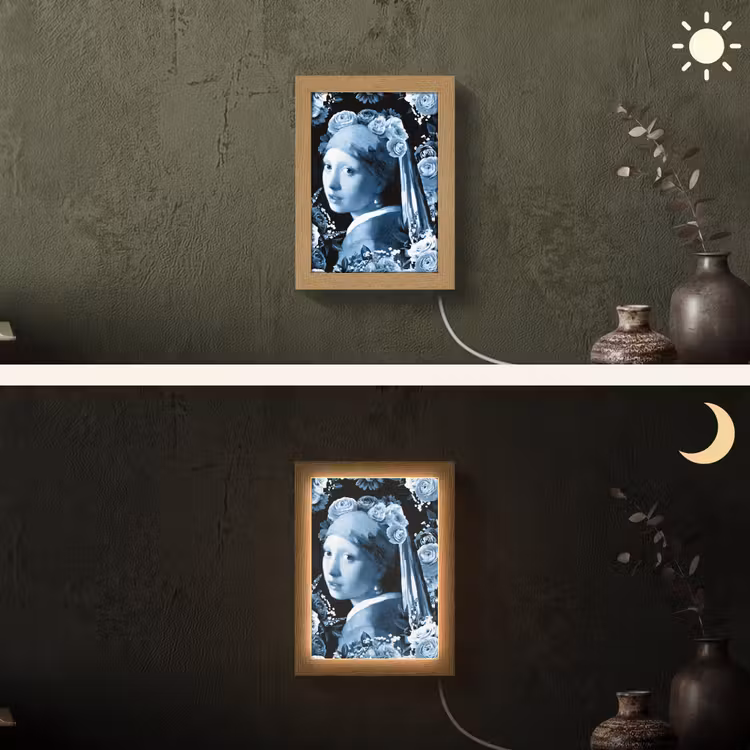 Meisje met de parel - Johannes Vermeer - Delfts blauw Light Box met kabel (Wandlamp) klein -sfeer3