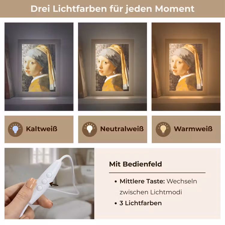 Meisje met de parel - Johannes Vermeer - Mozaïek Light Box met kabel (Wandlamp) klein -USP_lichtkleurDE