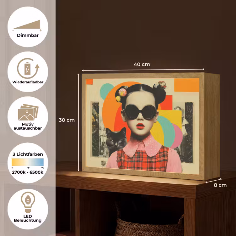 Meisje - Zonnebril - Kat - Retro Light Box met batterij (Wandlamp) middel -USP_websiteoverzichtDE