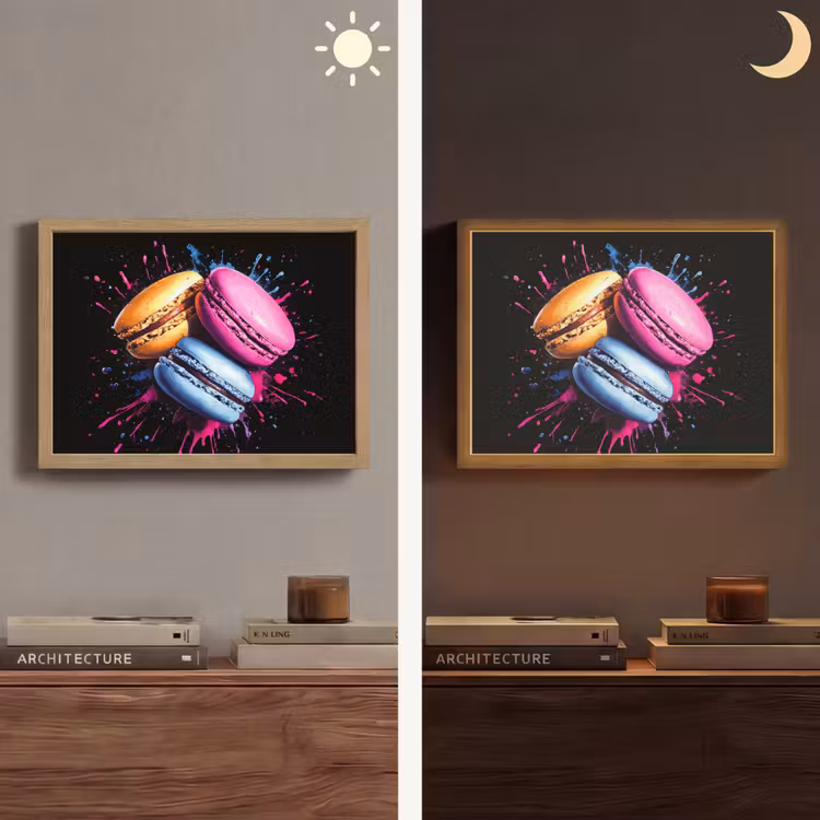 Macarons - Dessert - Graffiti - Kleurrijk - Roze - Blauw - Geel Light Box met batterij (Wandlamp) middel -sfeer3