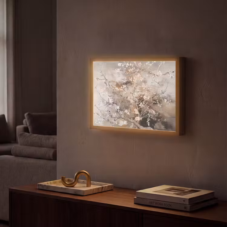 Amandelbloesem - Kunst - Van Gogh - Beige - Abstract Light Box met batterij (Wandlamp) middel -sfeer1