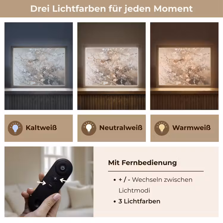 Amandelbloesem - Kunst - Van Gogh - Beige - Abstract Light Box met batterij (Wandlamp) middel -USP_lichtkleurDE