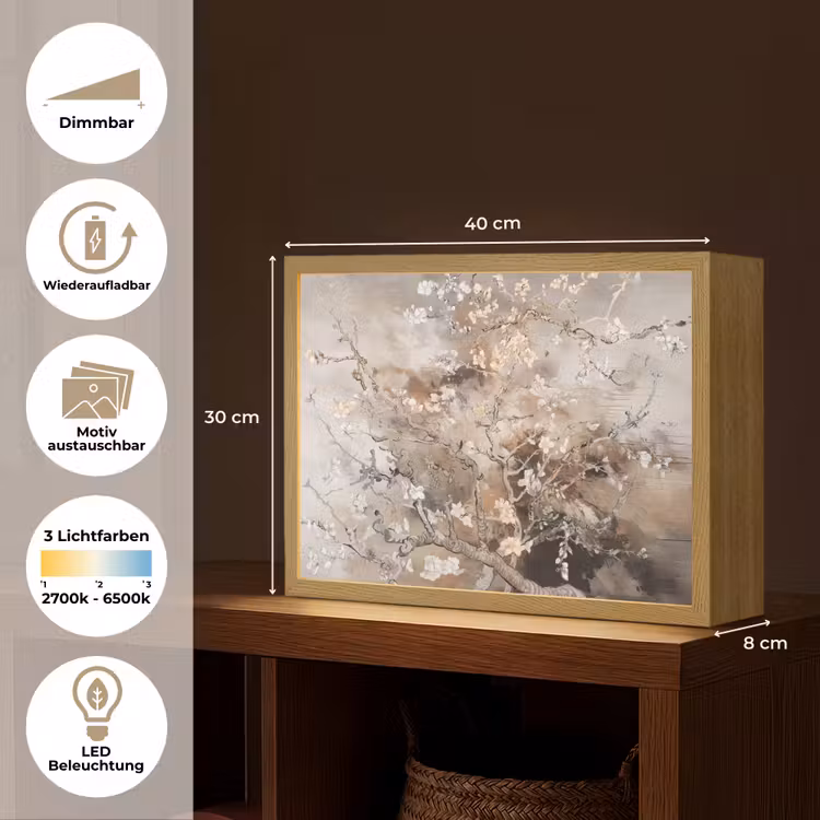 Amandelbloesem - Kunst - Van Gogh - Beige - Abstract Light Box met batterij (Wandlamp) middel -USP_websiteoverzichtDE