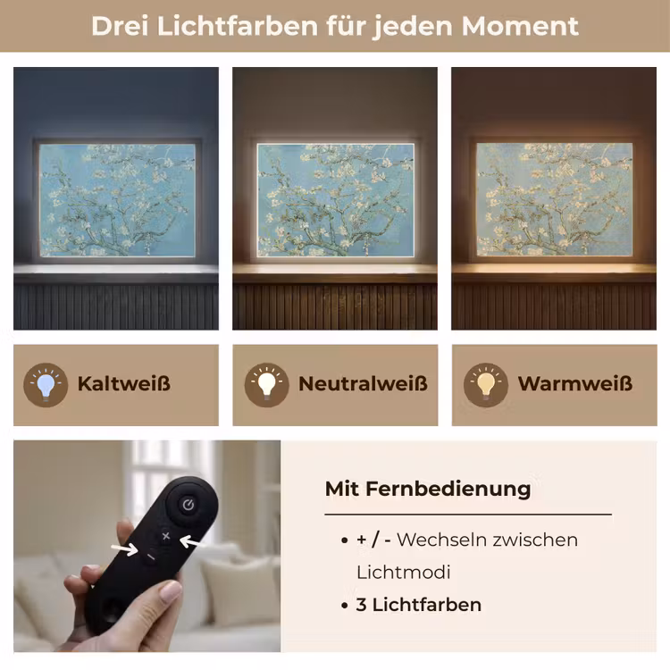 Amandelbloesem - Van Gogh - Kunst - Bloemen Light Box met batterij (Wandlamp) middel -USP_lichtkleurDE