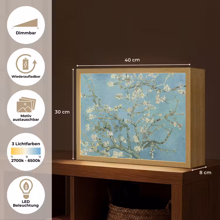 Amandelbloesem - Van Gogh - Kunst - Bloemen Light Box met batterij (Wandlamp) middel -USP_websiteoverzichtDE