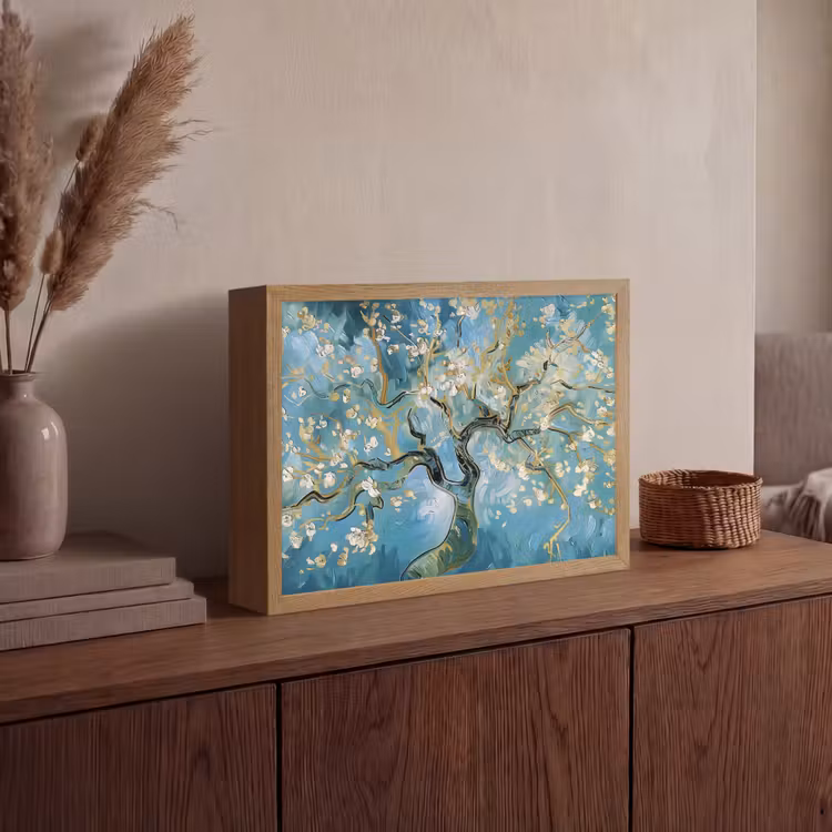 Amandelbloesem boom - Blauw - Abstract Light Box met batterij (Wandlamp) middel -sfeer2