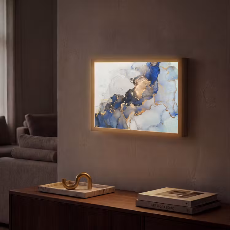 Marmer - Blauw - Goud Light Box met batterij (Wandlamp) middel -sfeer1