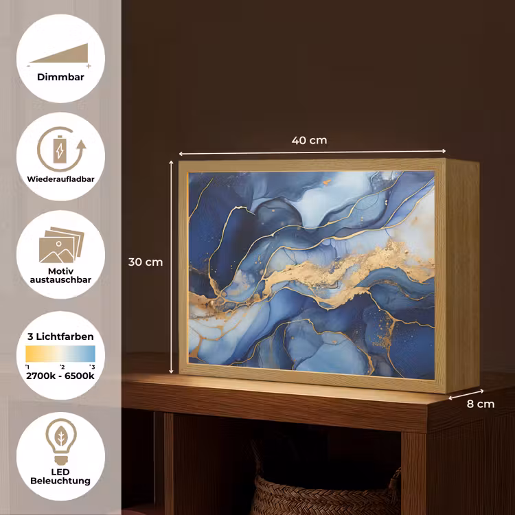 Marmer - Blauw - Goud - Abstract Light Box met batterij (Wandlamp) middel -USP_websiteoverzichtDE