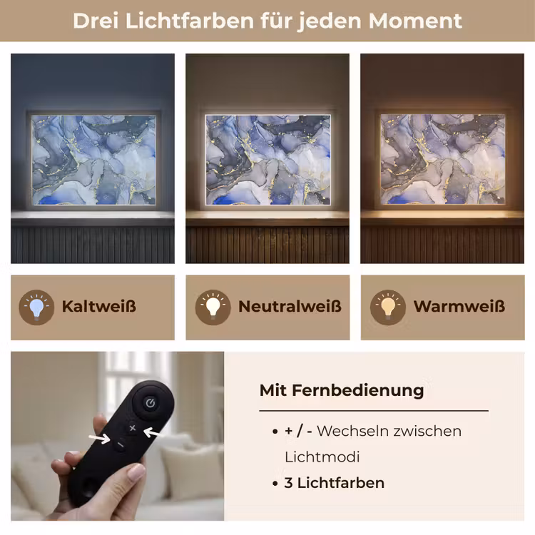 Marmer - Goud - Abstract - Blauw Light Box met batterij (Wandlamp) middel -USP_lichtkleurDE