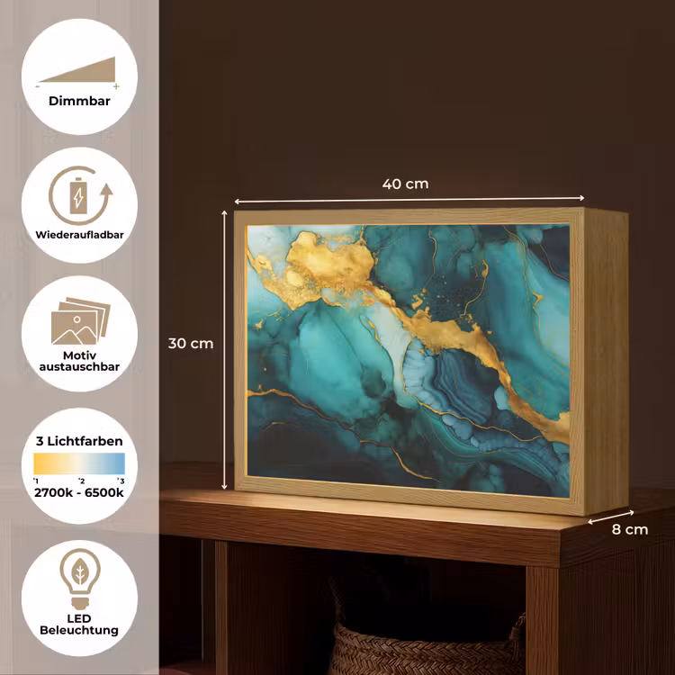 Marmer - Goud - Blauw groen - Abstract - Turquoise Light Box met batterij (Wandlamp) middel -USP_websiteoverzichtDE
