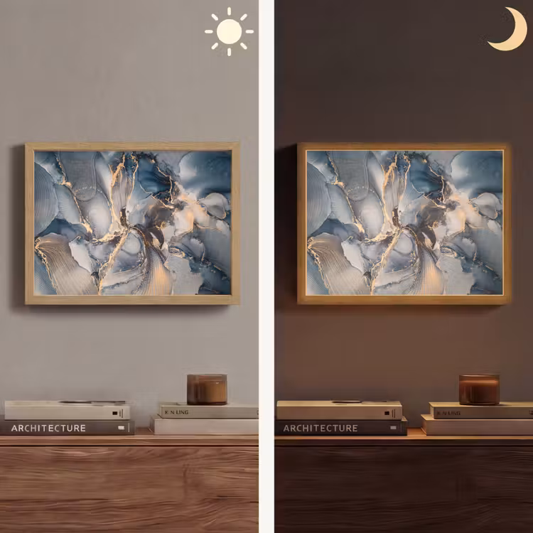 Marmer - Grijs - Blauw - Luxe - Goud Light Box met batterij (Wandlamp) middel -sfeer3