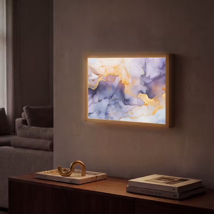 Marmer - Paars - Lila - Goud - Abstract Light Box met batterij (Wandlamp) middel -sfeer1