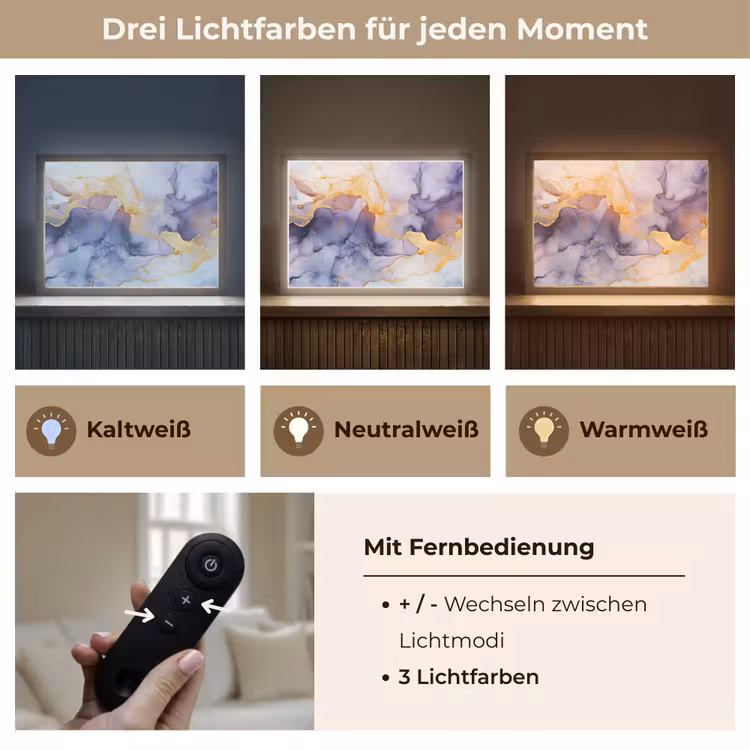 Marmer - Paars - Lila - Goud - Abstract Light Box met batterij (Wandlamp) middel -USP_lichtkleurDE