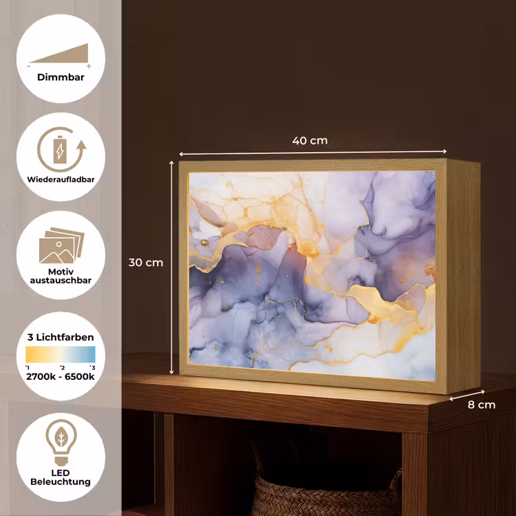 Marmer - Paars - Lila - Goud - Abstract Light Box met batterij (Wandlamp) middel -USP_websiteoverzichtDE