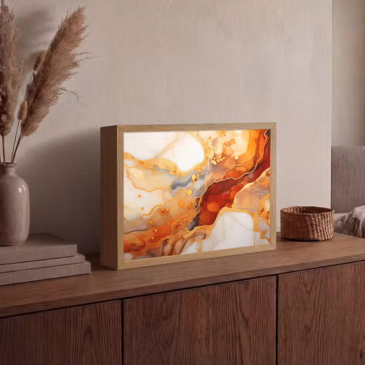 Marmer - Oranje - Goud - Modern - Abstract Light Box met batterij (Wandlamp) middel -sfeer2