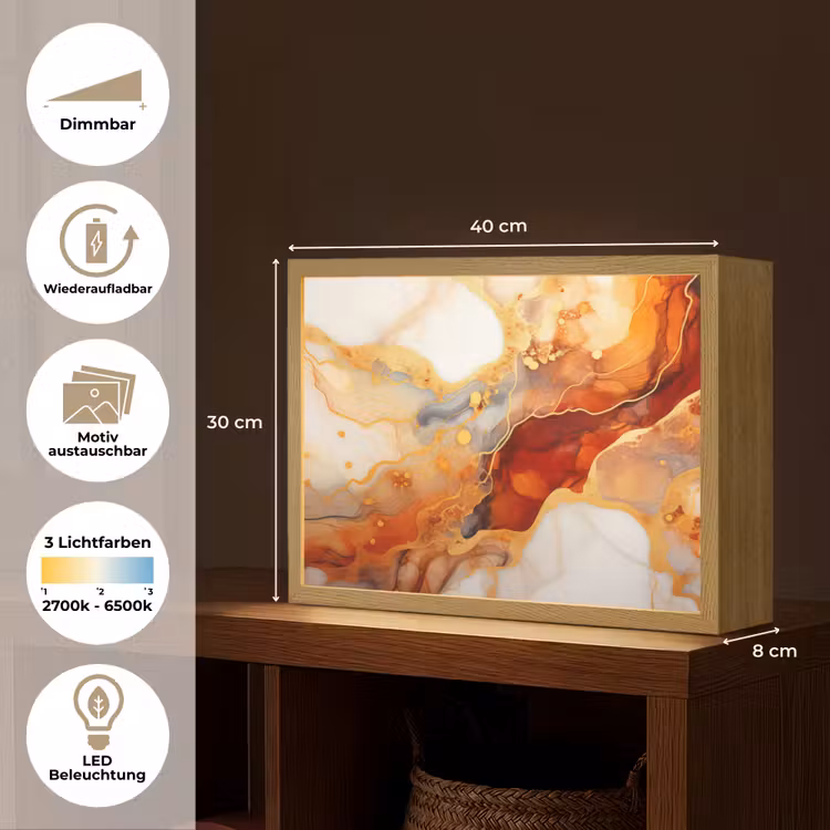 Marmer - Oranje - Goud - Modern - Abstract Light Box met batterij (Wandlamp) middel -USP_websiteoverzichtDE
