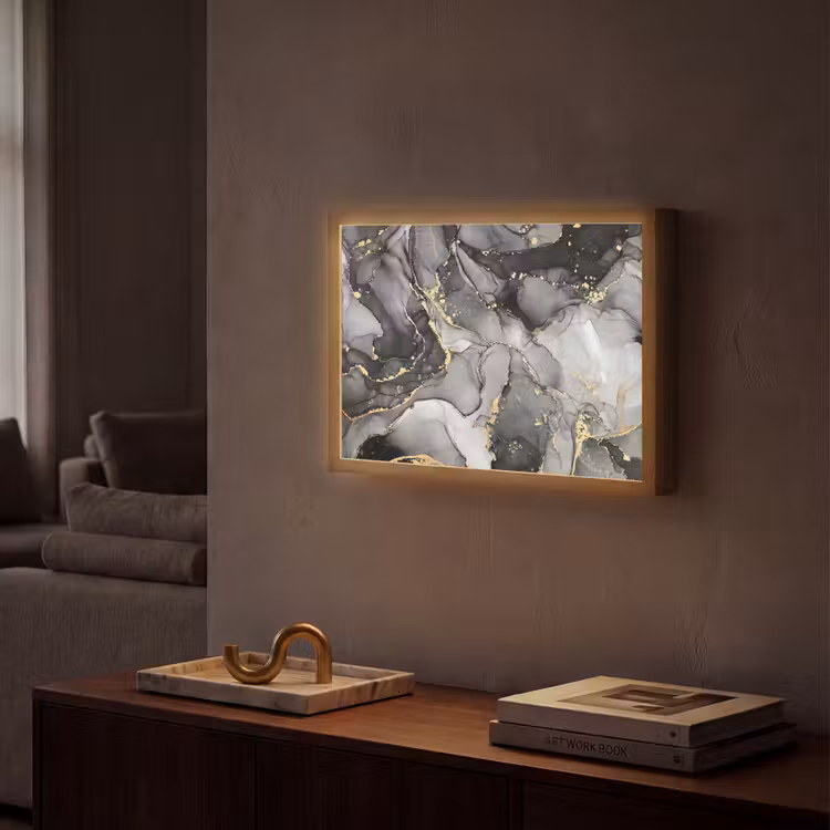 Marmer - Zwart - Goud - Grijs Light Box met batterij (Wandlamp) middel -sfeer1