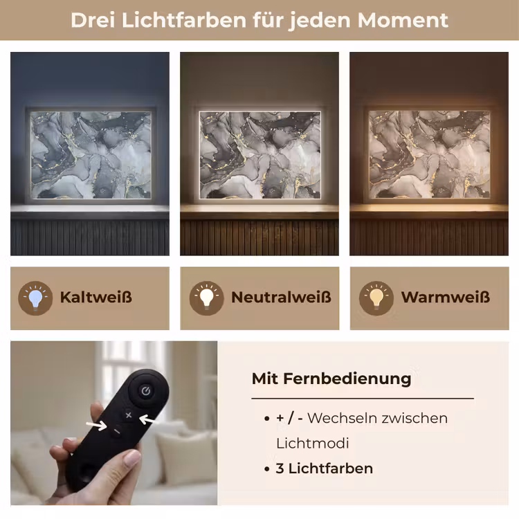 Marmer - Zwart - Goud - Grijs Light Box met batterij (Wandlamp) middel -USP_lichtkleurDE