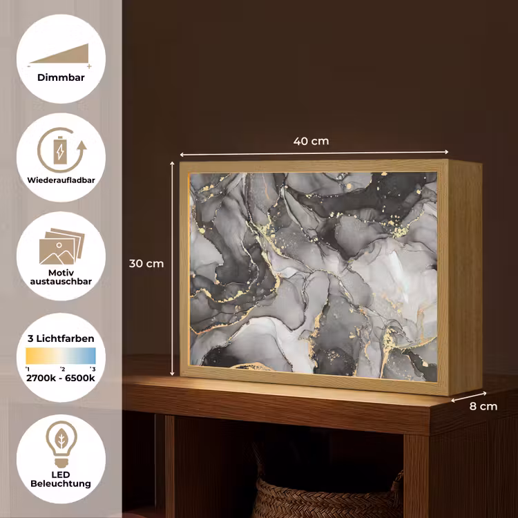 Marmer - Zwart - Goud - Grijs Light Box met batterij (Wandlamp) middel -USP_websiteoverzichtDE