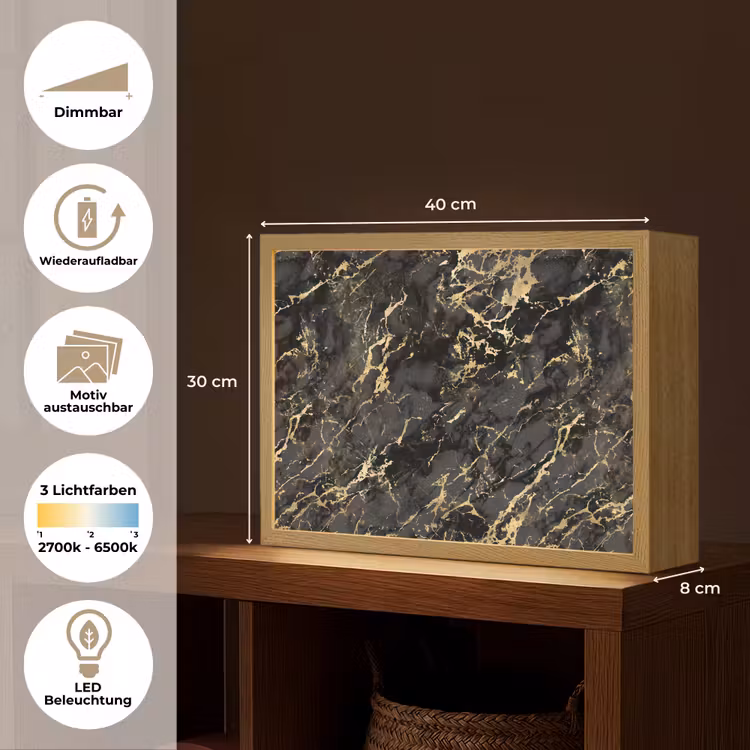 Marmer - Zwart - Goudstructuur Light Box met batterij (Wandlamp) middel 907 -USP_websiteoverzichtDE