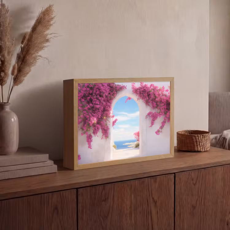Zee - Roze - Bloemen - Poort Light Box met batterij (Wandlamp) middel -sfeer2