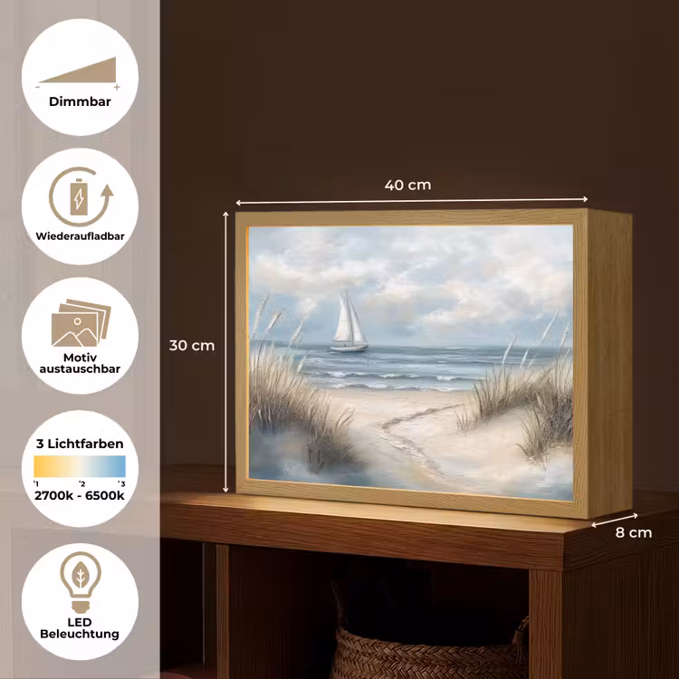 Zee - Zeilboot - Strand - Duinen - Vintage Light Box met batterij (Wandlamp) middel -USP_websiteoverzichtDE
