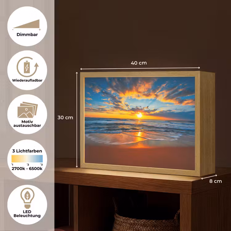 Zee - Zonsondergang - Strand - Wolken - Oranje Light Box met batterij (Wandlamp) middel -USP_websiteoverzichtDE