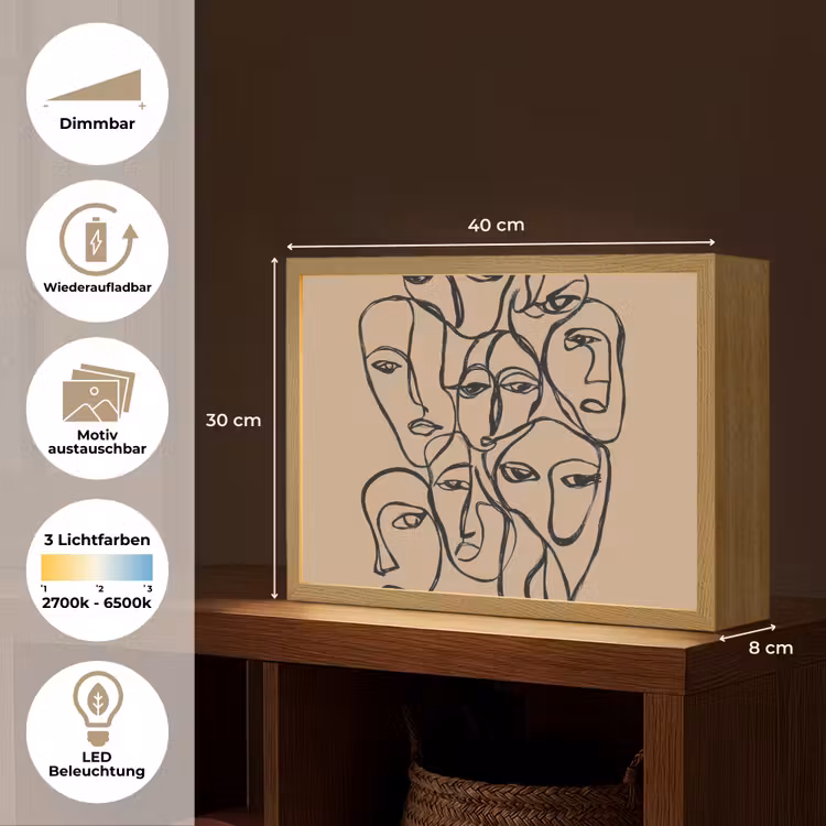 Gezichtenzee - Lijntekening - Abstract Light Box met batterij (Wandlamp) middel -USP_websiteoverzichtDE