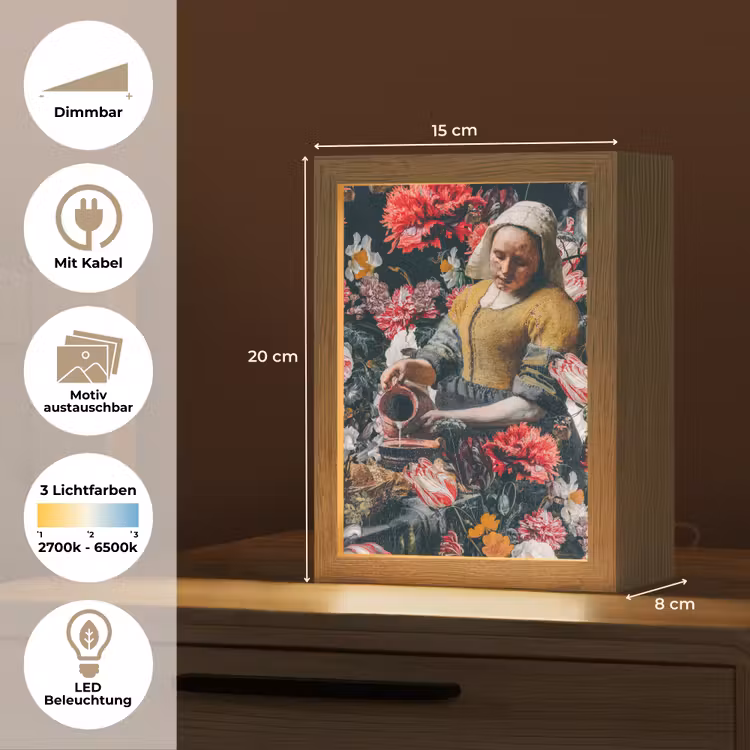 Melkmeisje - Johannes Vermeer - Bloemen - Roze Light Box met kabel (Wandlamp) klein -USP_websiteoverzichtDE