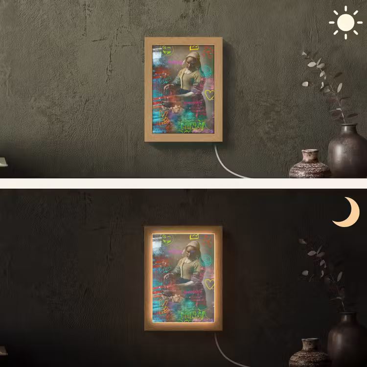Melkmeisje - Johannes Vermeer - Graffiti Light Box met kabel (Wandlamp) klein -sfeer3